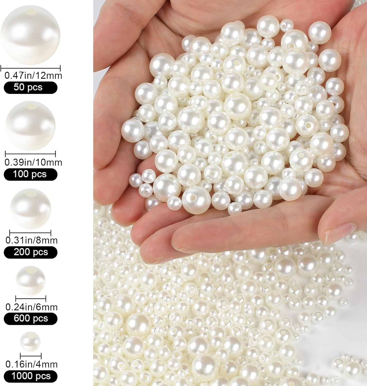 Round Pearl Beads with Hole - 5 Sizes Loose Pearls for Jewelry Making & DIY Crafts - Image 2