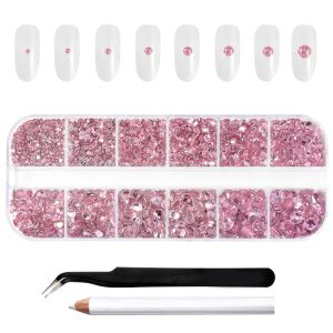 Rhinestones for Makeup,8 sizes 2500pcs Flatback Rhinestones Face Gems for Nails Crafts with Tweezers and Wax Pencil- Light Pink