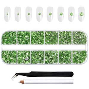 Rhinestones for Makeup,8 sizes 2500pcs Flatback Rhinestones Face Gems for Nails Crafts with Tweezers and Wax Pencil- Light Green