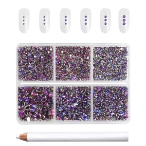 7200pcs Flatback Rhinestones,Nail Gems Round Crystal Rhinestones for Crafts,Mixed 6 Sizes with Wax Pencil Kit, SS3-SS10-Purple