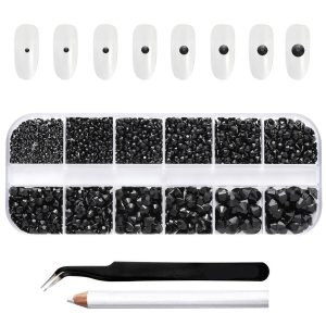 Rhinestones for Makeup,8 sizes 2500pcs Flatback Rhinestones Face Gems for Nails Crafts with Tweezers and Wax Pencil- Black