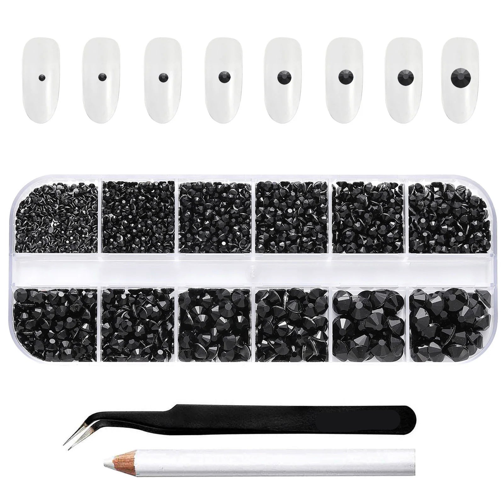 Rhinestones for Makeup,8 sizes 2500pcs Flatback Rhinestones Face Gems for Nails Crafts with Tweezers and Wax Pencil- Black