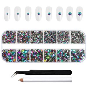 Rhinestones for Makeup,8 sizes 2500pcs Flatback Rhinestones Face Gems for Nails Crafts with Tweezers and Wax Pencil- Green Volcano