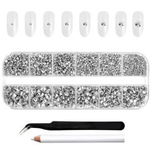 Rhinestones for Makeup,8 sizes 2500pcs Flatback Rhinestones Face Gems for Nails Crafts with Tweezers and Wax Pencil- Silver Hematite