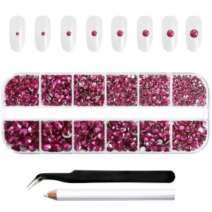 Rhinestones for Makeup,8 sizes 2500pcs Flatback Rhinestones Face Gems for Nails Crafts with Tweezers and Wax Pencil- Fuchsia