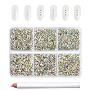 7200pcs Flatback Rhinestones,Nail Gems Round Crystal Rhinestones for Crafts,Mixed 6 Sizes with Wax Pencil Kit, SS3-SS10- Crystal AB