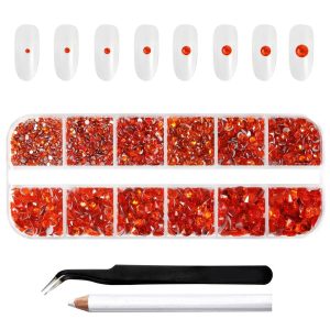 Rhinestones for Makeup,8 sizes 2500pcs Flatback Rhinestones Face Gems for Nails Crafts with Tweezers and Wax Pencil- Orange