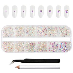 Rhinestones for Makeup,8 sizes 2500pcs Flatback Rhinestones Face Gems for Nails Crafts with Tweezers and Wax Pencil- Transparent AB