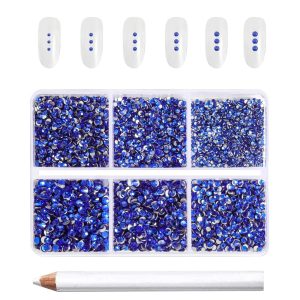 7200pcs Flatback Rhinestones,Nail Gems Round Crystal Rhinestones for Crafts,Mixed 6 Sizes with Wax Pencil Kit, SS3-SS10- Sapphire