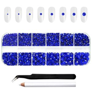 Rhinestones for Makeup,8 sizes 2500pcs Flatback Rhinestones Face Gems for Nails Crafts with Tweezers and Wax Pencil- Sapphire