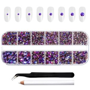 Rhinestones for Makeup,8 sizes 2500pcs Flatback Rhinestones Face Gems for Nails Crafts with Tweezers and Wax Pencil- Purple Velvet