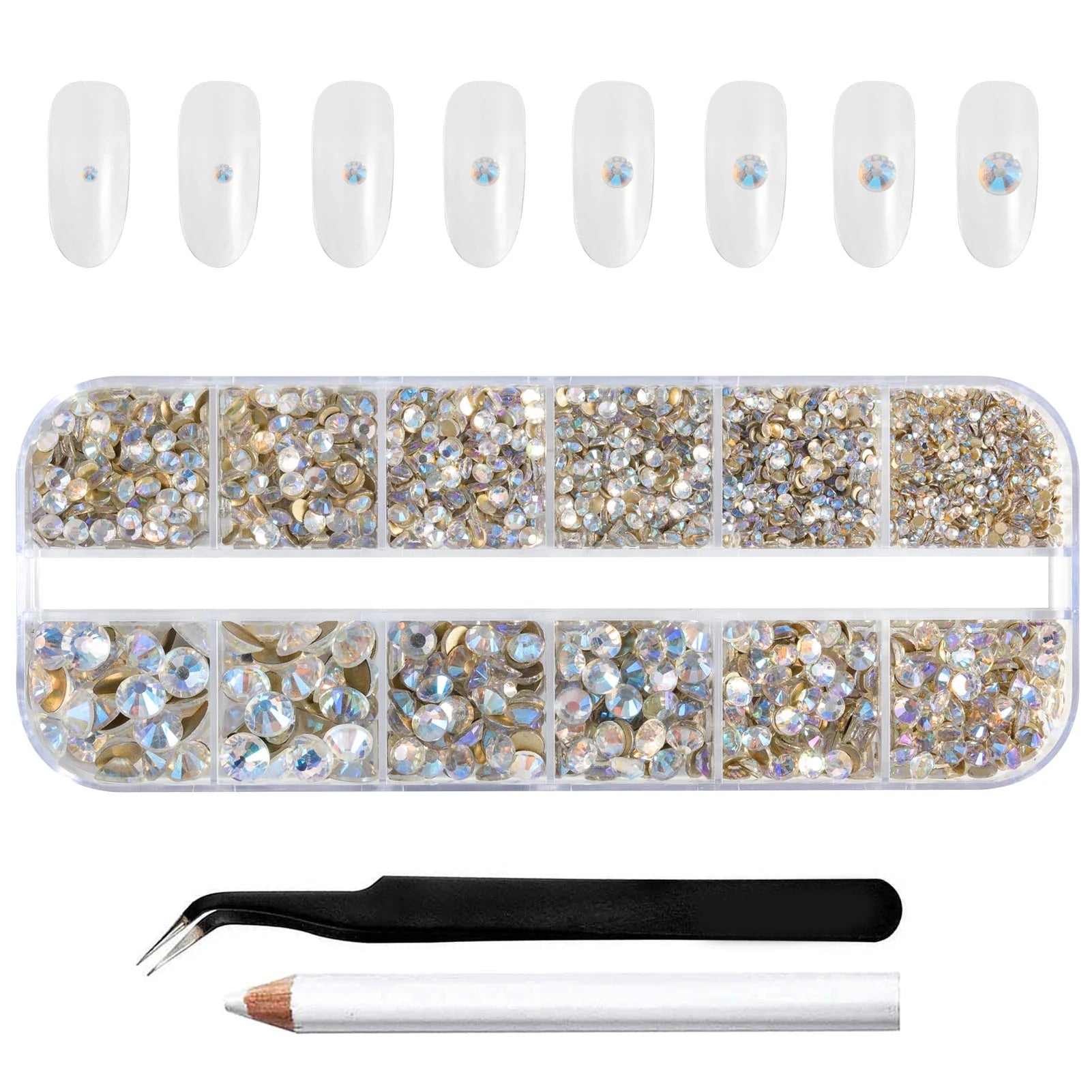 Rhinestones for Makeup,8 sizes 2500pcs Flatback Rhinestones Face Gems for Nails Crafts with Tweezers and Wax Pencil- Blue Moonlight