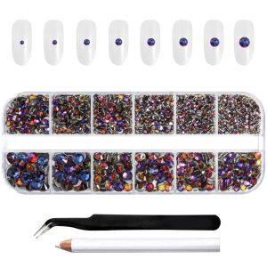 Rhinestones for Makeup,8 sizes 2500pcs Flatback Rhinestones Face Gems for Nails Crafts with Tweezers and Wax Pencil- Blue Volcano