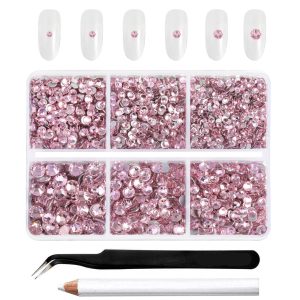 4300pcs Flatback Rhinestones, Nail Gems Round Crystal Rhinestones for Crafts,Mixed 6 Sizes with Picking Tweezers and Wax Pencil Kit- Light Pink