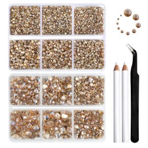 8300PCS Flatback Rhinestones, Nail Gems Round Crystal Rhinestones for Crafts, Mixed 10 Sizes with Wax Pencil and Tweezer Kit, SS3-SS30-Golden