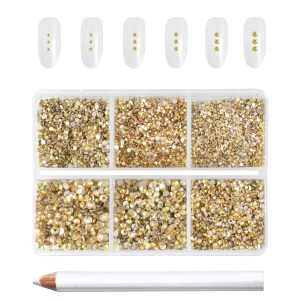 7200pcs Flatback Rhinestones,Nail Gems Round Crystal Rhinestones for Crafts,Mixed 6 Sizes with Wax Pencil Kit, SS3-SS10-Metalsunlight