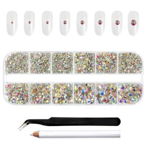 Rhinestones for Makeup,8 sizes 2500pcs Flatback Rhinestones Face Gems for Nails Crafts with Tweezers and Wax Pencil- Crystal AB