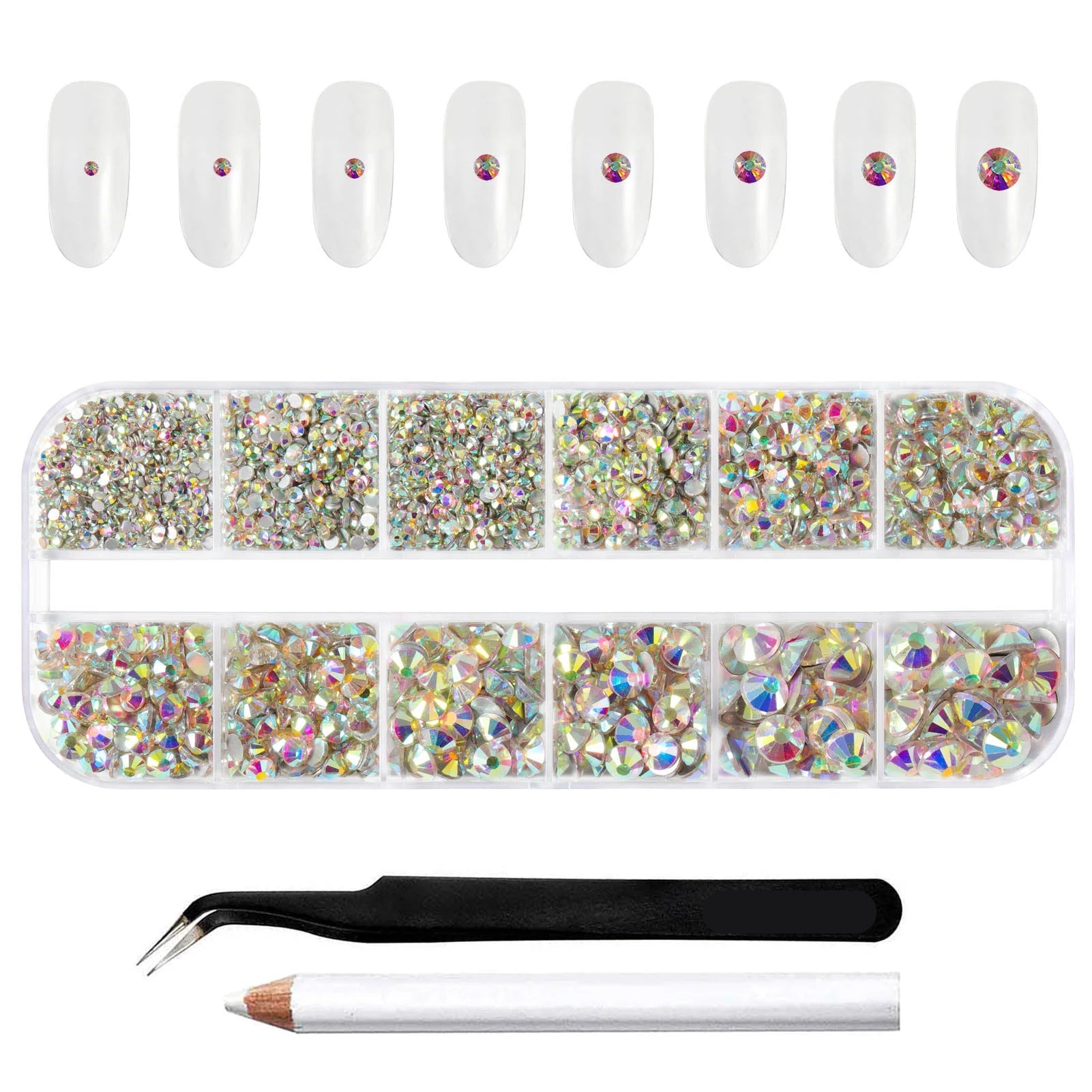 Rhinestones for Makeup,8 sizes 2500pcs Flatback Rhinestones Face Gems for Nails Crafts with Tweezers and Wax Pencil- Crystal AB