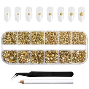 Rhinestones for Makeup,8 sizes 2500pcs Flatback Rhinestones Face Gems for Nails Crafts with Tweezers and Wax Pencil- Metal Sunlight