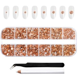 Rhinestones for Makeup,8 sizes 2500pcs Flatback Rhinestones Face Gems for Nails Crafts with Tweezers and Wax Pencil- Light Peach