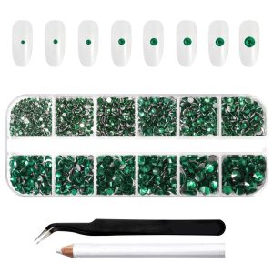 Rhinestones for Makeup,8 sizes 2500pcs Flatback Rhinestones Face Gems for Nails Crafts with Tweezers and Wax Pencil- Emerald
