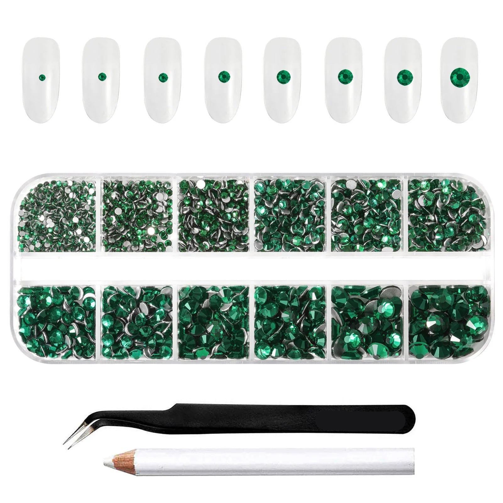 Rhinestones for Makeup,8 sizes 2500pcs Flatback Rhinestones Face Gems for Nails Crafts with Tweezers and Wax Pencil- Emerald