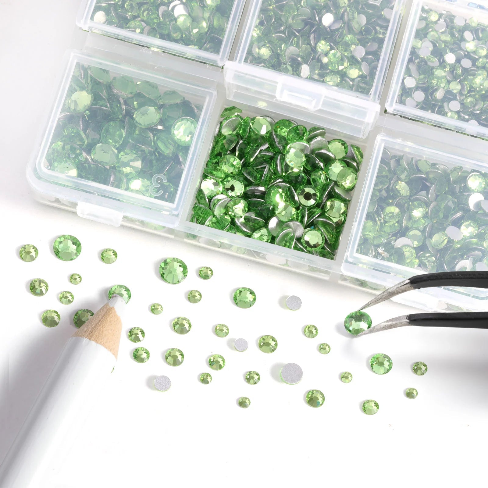 4300pcs Flatback Rhinestones, Nail Gems Round Crystal Rhinestones for Crafts,Mixed 6 Sizes with Picking Tweezers and Wax Pencil Kit -lightgreen - Image 2