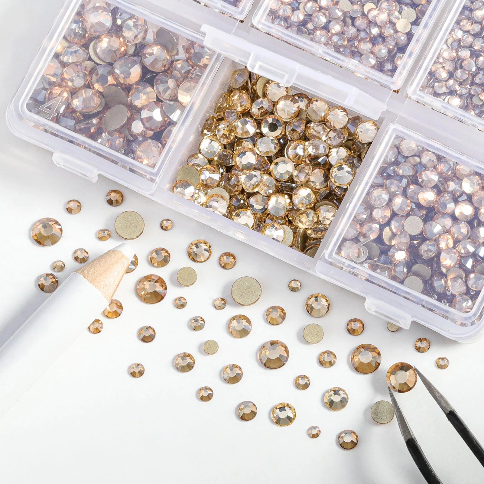 4300pcs Flatback Rhinestones, Nail Gems Round Crystal Rhinestones for Crafts,Mixed 6 Sizes with Picking Tweezers and Wax Pencil Kit- Golden Shadow - Image 2