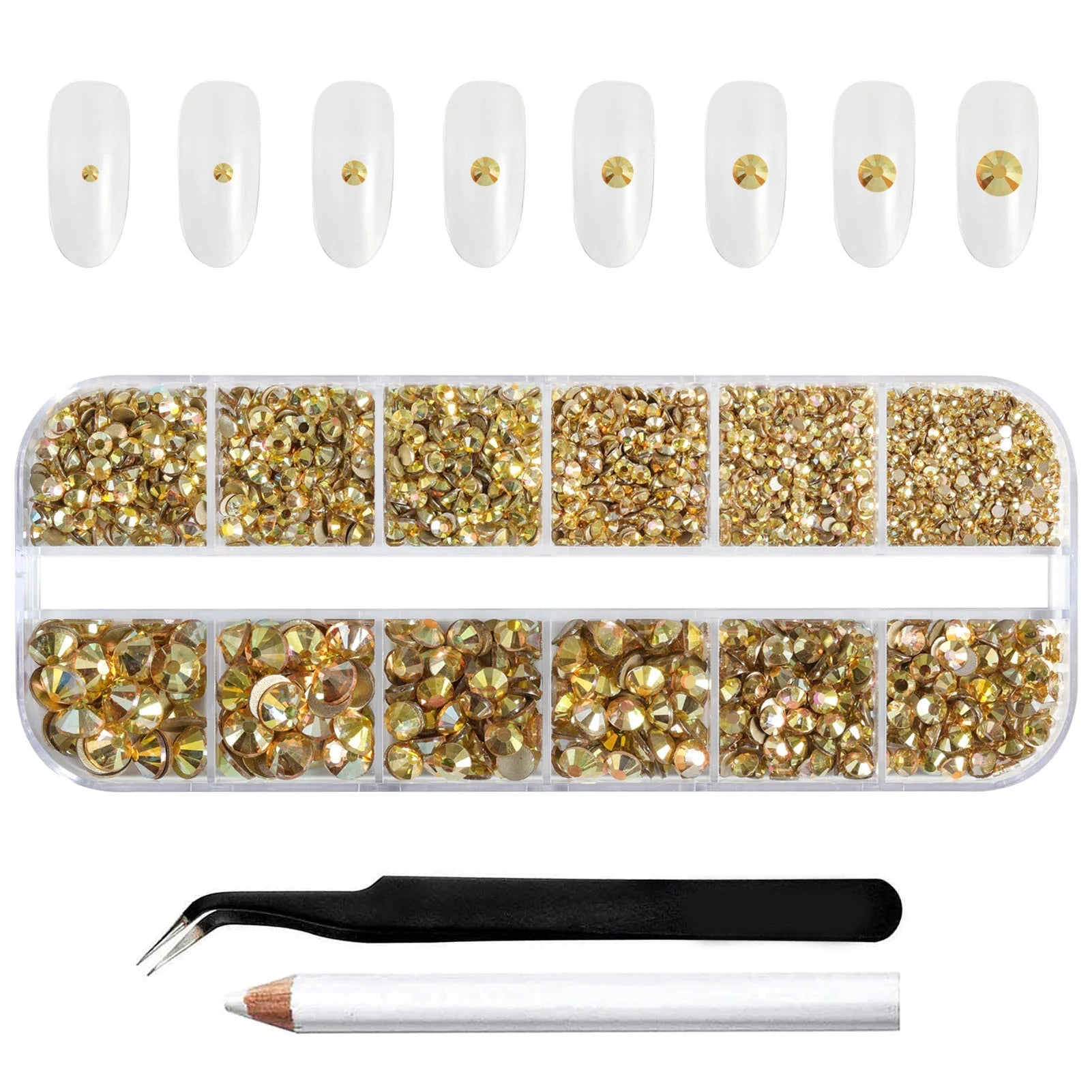 Rhinestones for Makeup,8 sizes 2500pcs Flatback Rhinestones Face Gems for Nails Crafts with Tweezers and Wax Pencil- Metal Sunlight - Image 2