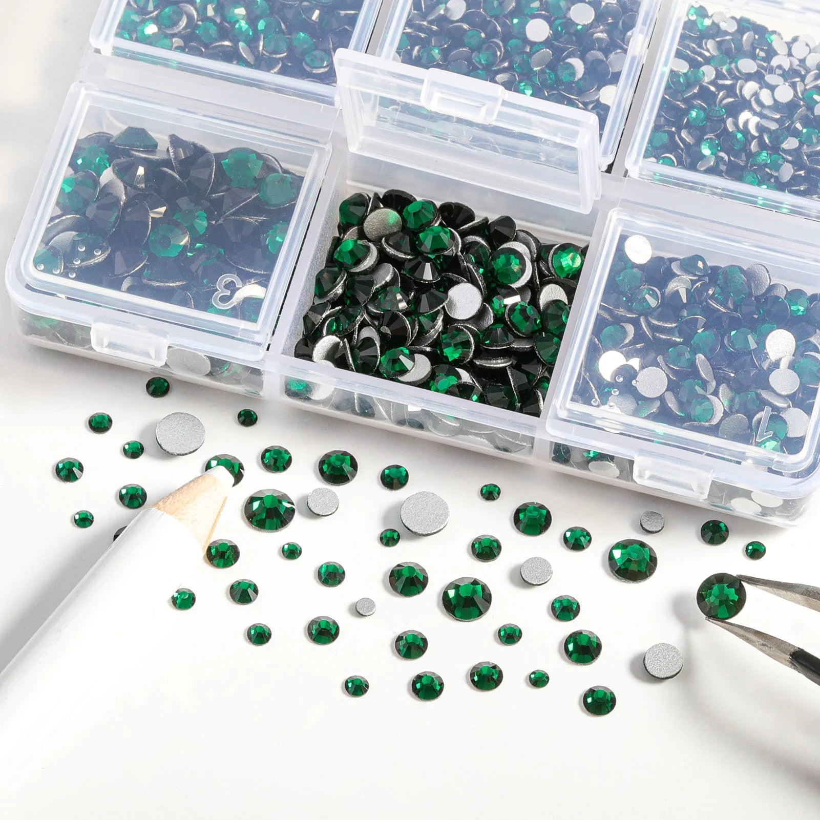 4300pcs Flatback Rhinestones, Nail Gems Round Crystal Rhinestones for Crafts,Mixed 6 Sizes with Picking Tweezers and Wax Pencil Kit- Emerald - Image 2