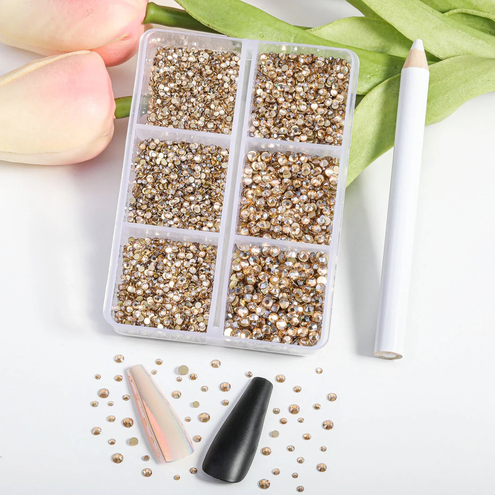 7200pcs Flatback Rhinestones,Nail Gems Round Crystal Rhinestones for Crafts,Mixed 6 Sizes with Wax Pencil Kit, SS3-SS10- Golden Shadow - Image 2
