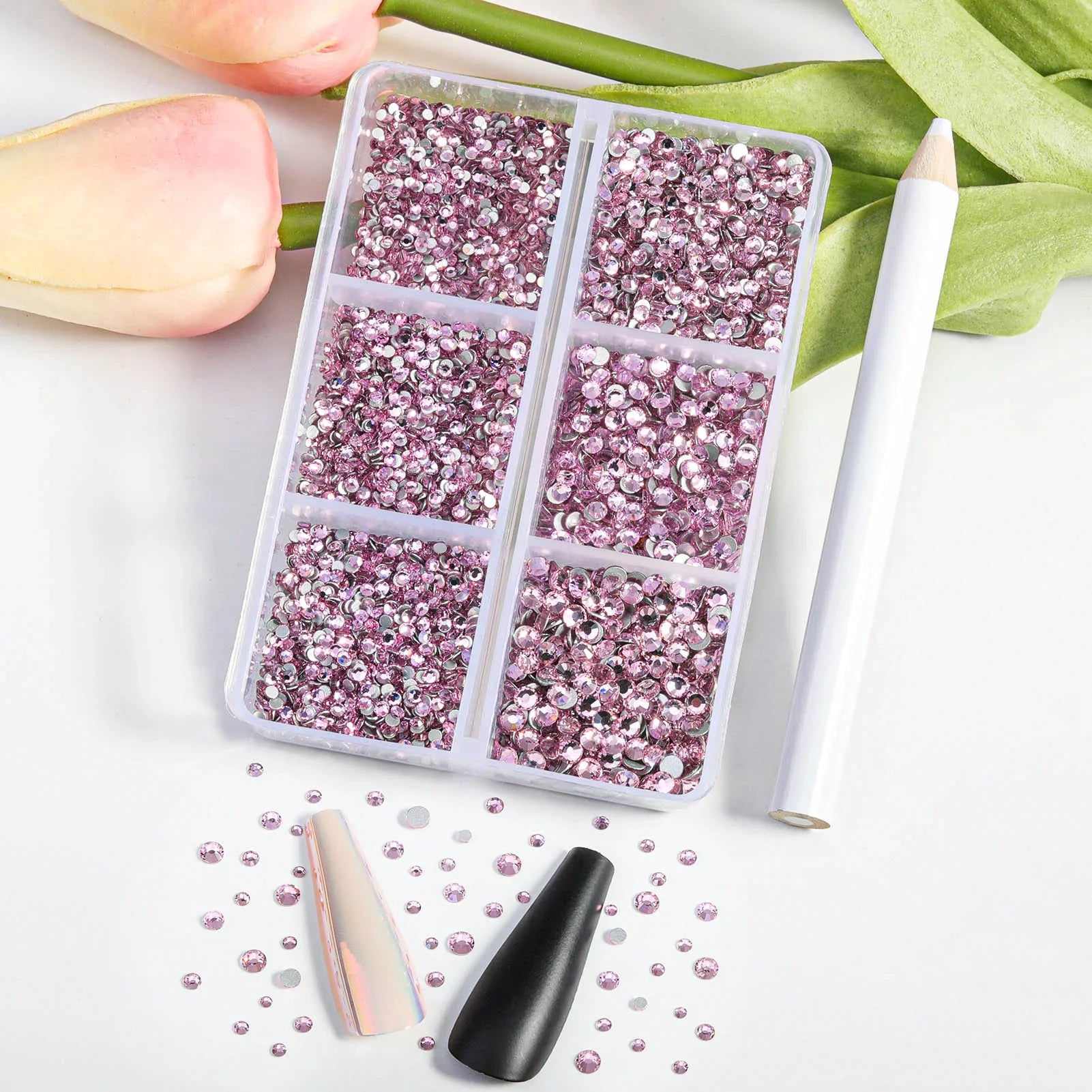 7200pcs Flatback Rhinestones,Nail Gems Round Crystal Rhinestones for Crafts,Mixed 6 Sizes with Wax Pencil Kit, SS3-SS10- Light Pink - Image 2