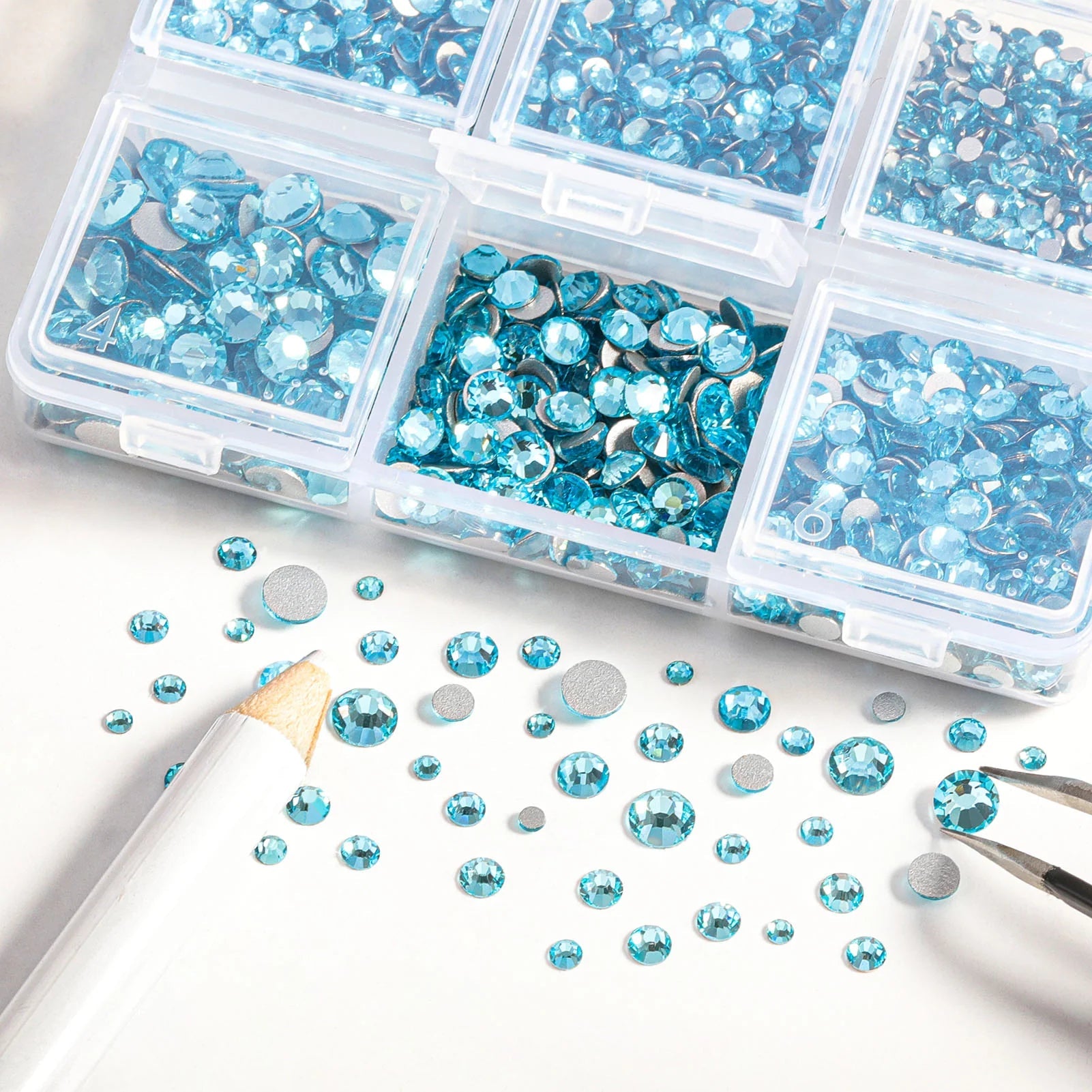 4300pcs Flatback Rhinestones, Nail Gems Round Crystal Rhinestones for Crafts,Mixed 6 Sizes with Picking Tweezers and Wax Pencil Kit- Aquamarine - Image 2