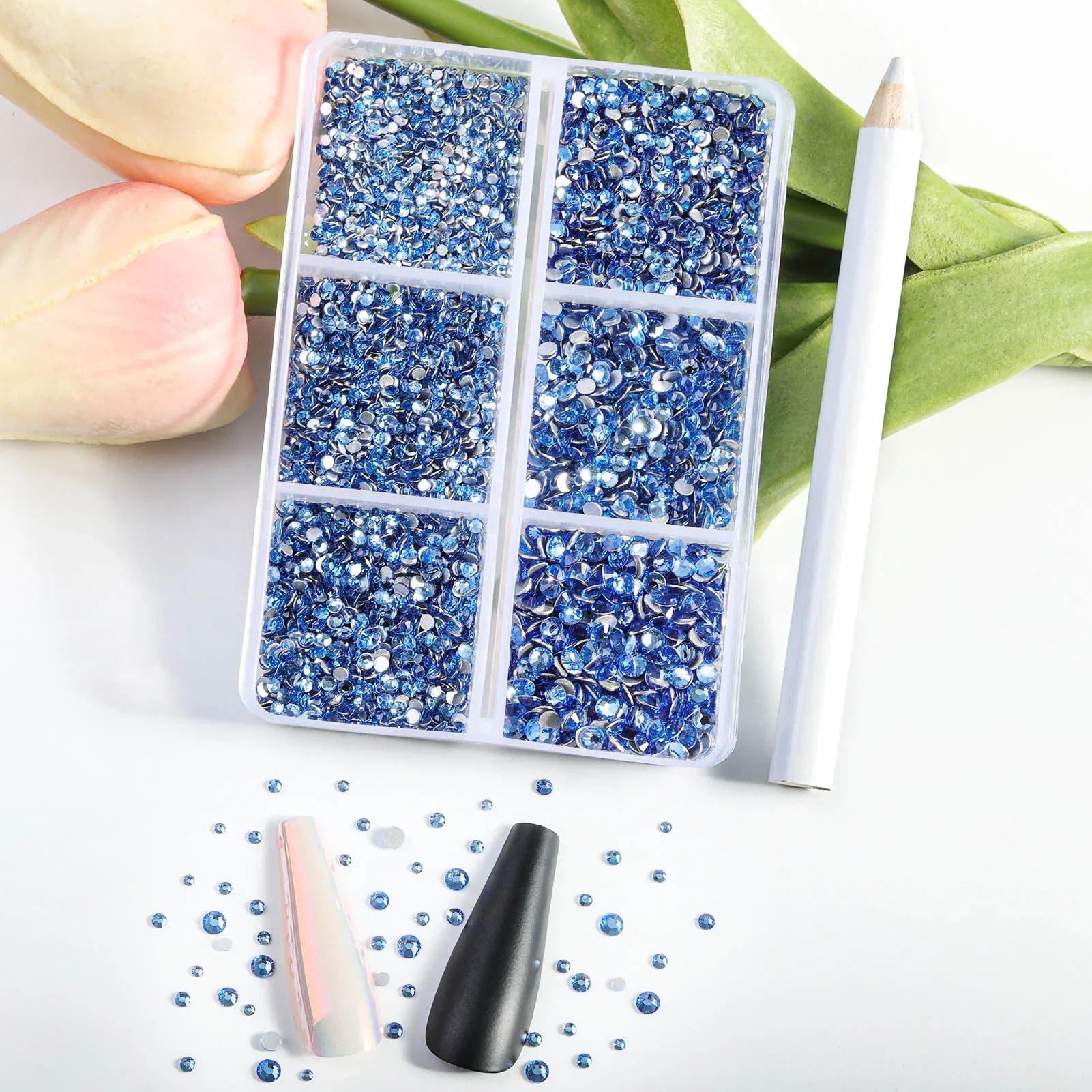 7200pcs Flatback Rhinestones,Nail Gems Round Crystal Rhinestones for Crafts,Mixed 6 Sizes with Wax Pencil Kit, SS3-SS10- Light Sapphire - Image 2