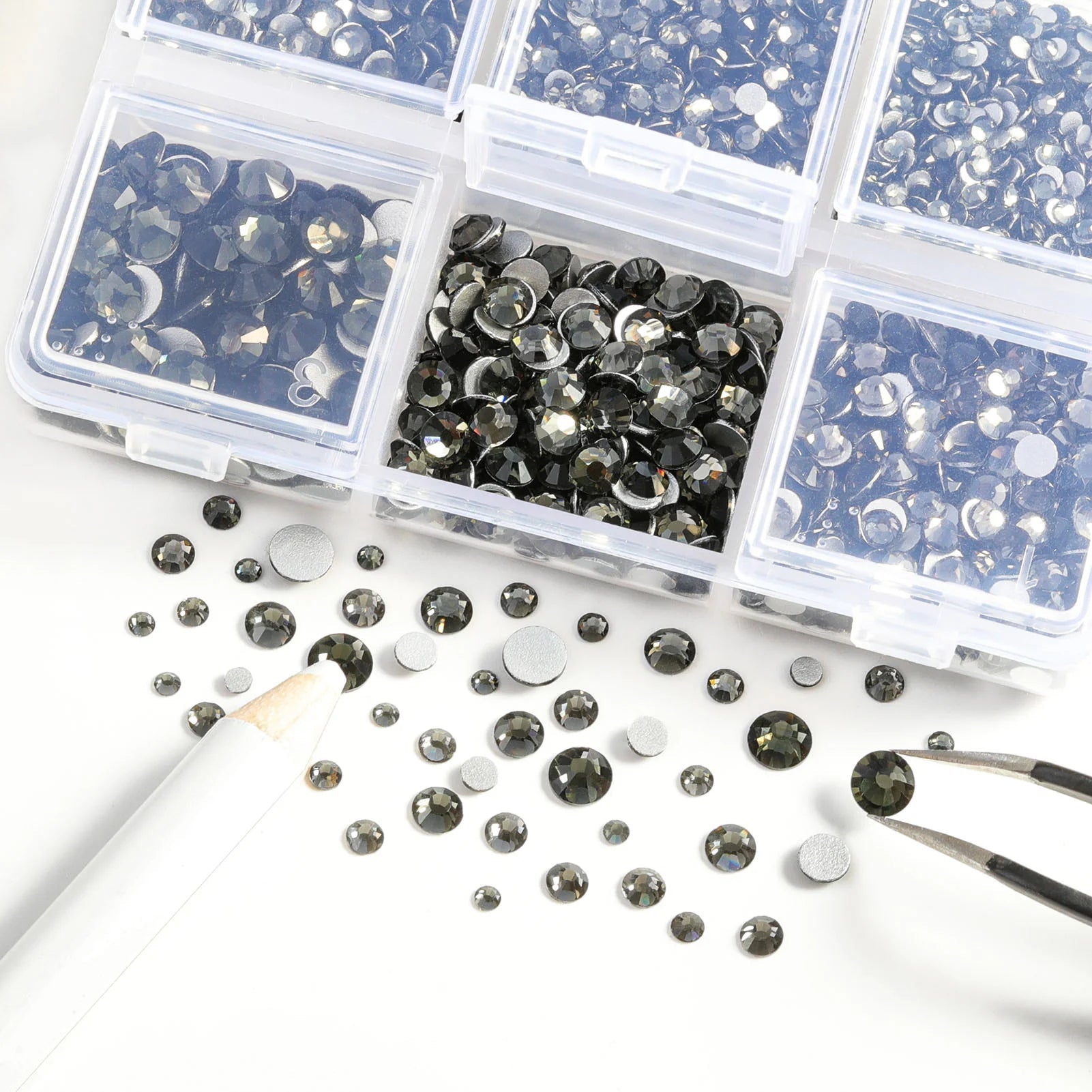 4300pcs Flatback Rhinestones, Nail Gems Round Crystal Rhinestones for Crafts,Mixed 6 Sizes with Picking Tweezers and Wax Pencil Kit- Black Diamond - Image 2