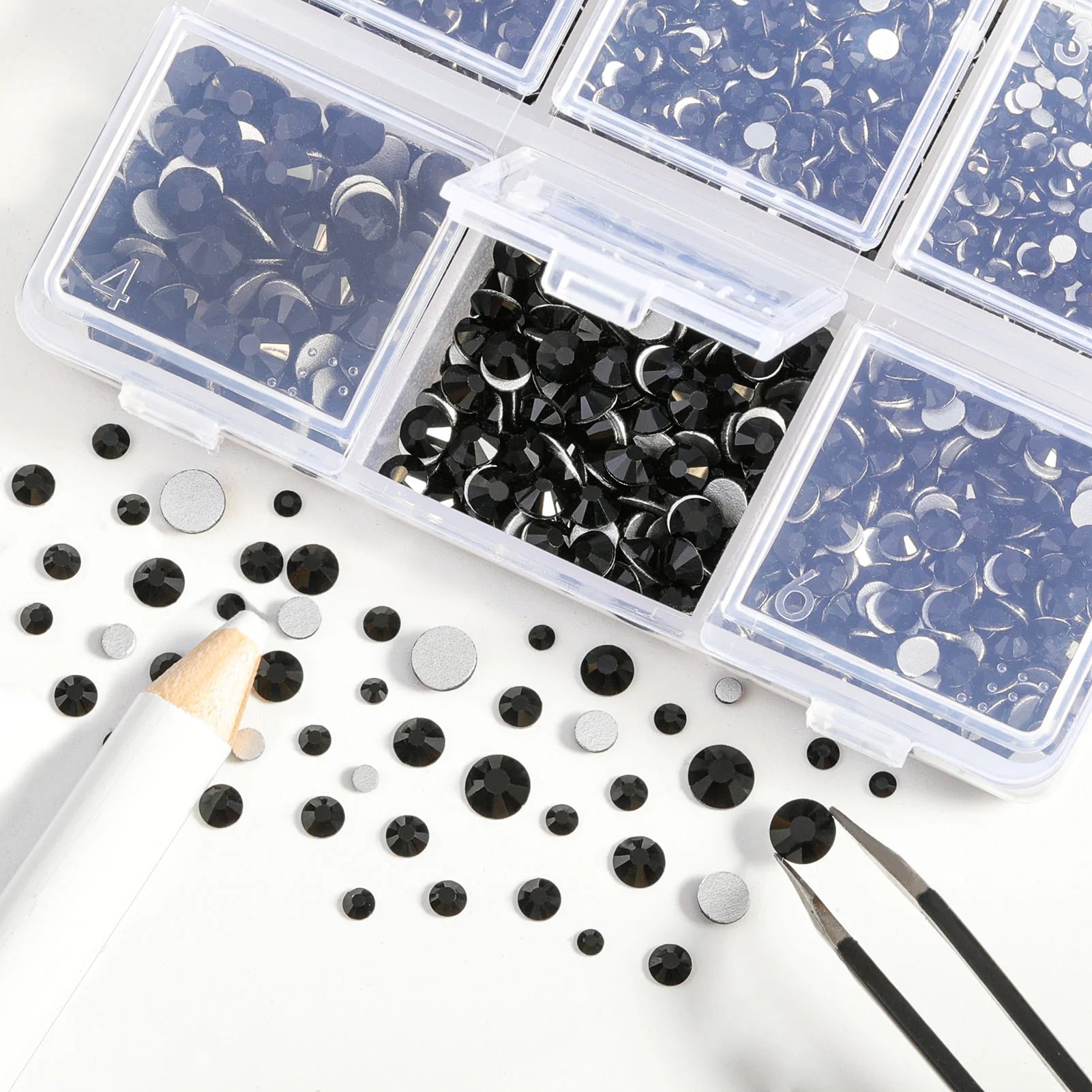 4300pcs Flatback Rhinestones, Nail Gems Round Crystal Rhinestones for Crafts,Mixed 6 Sizes with Picking Tweezers and Wax Pencil Kit- Black - Image 2