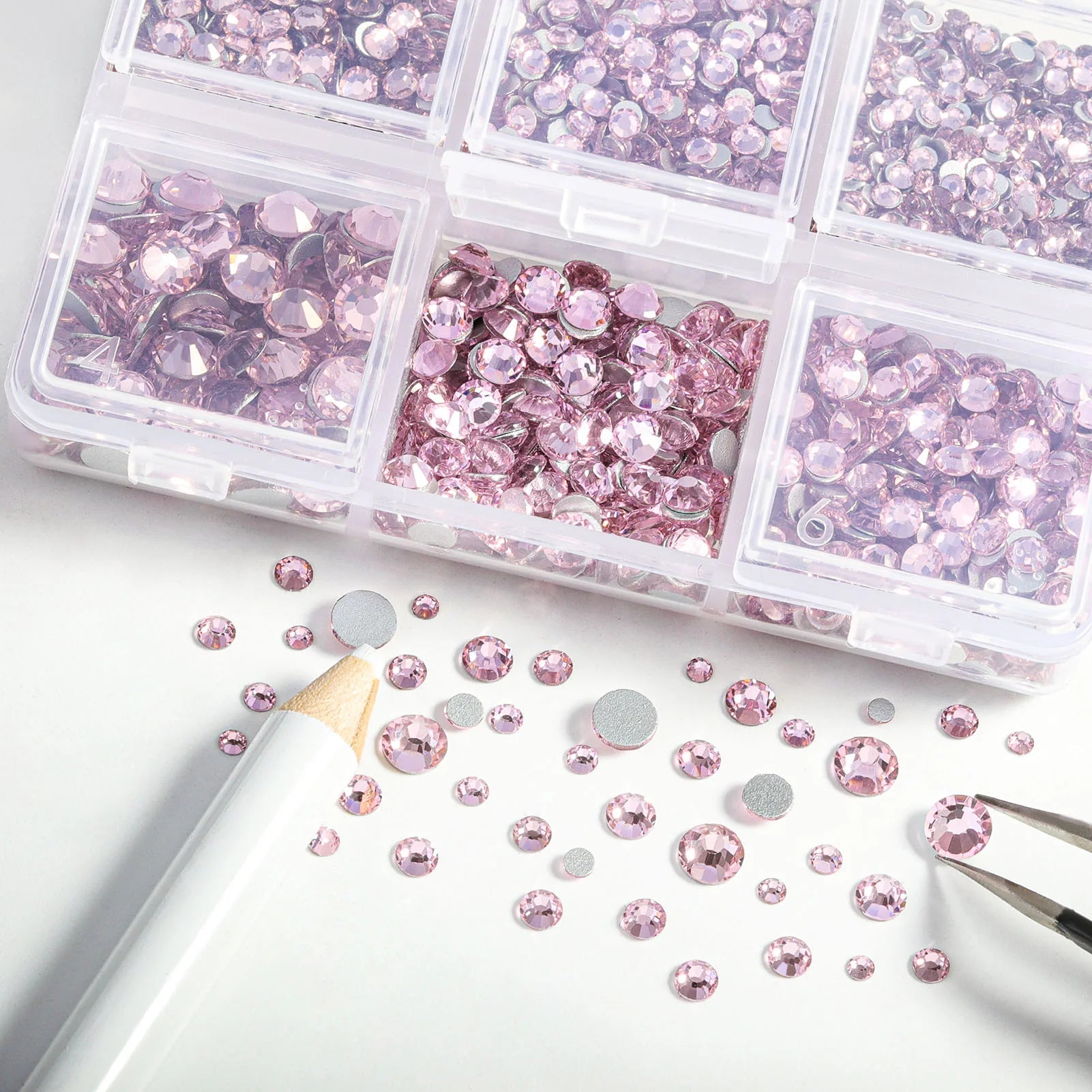 4300pcs Flatback Rhinestones, Nail Gems Round Crystal Rhinestones for Crafts,Mixed 6 Sizes with Picking Tweezers and Wax Pencil Kit- Light Pink - Image 2