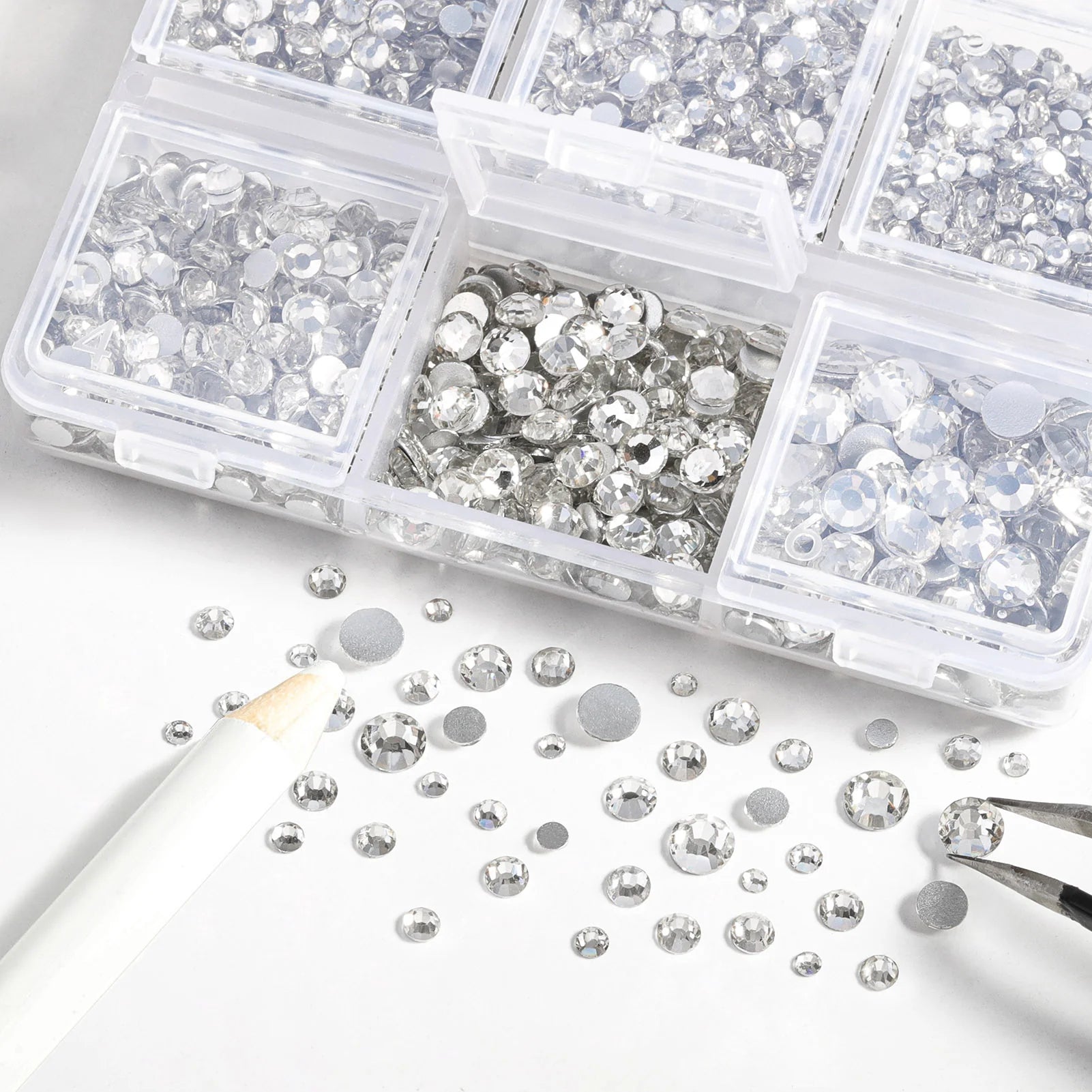 4300pcs Flatback Rhinestones, Nail Gems Round Crystal Rhinestones for Crafts,Mixed 6 Sizes with Picking Tweezers and Wax Pencil Kit- Crystal - Image 2