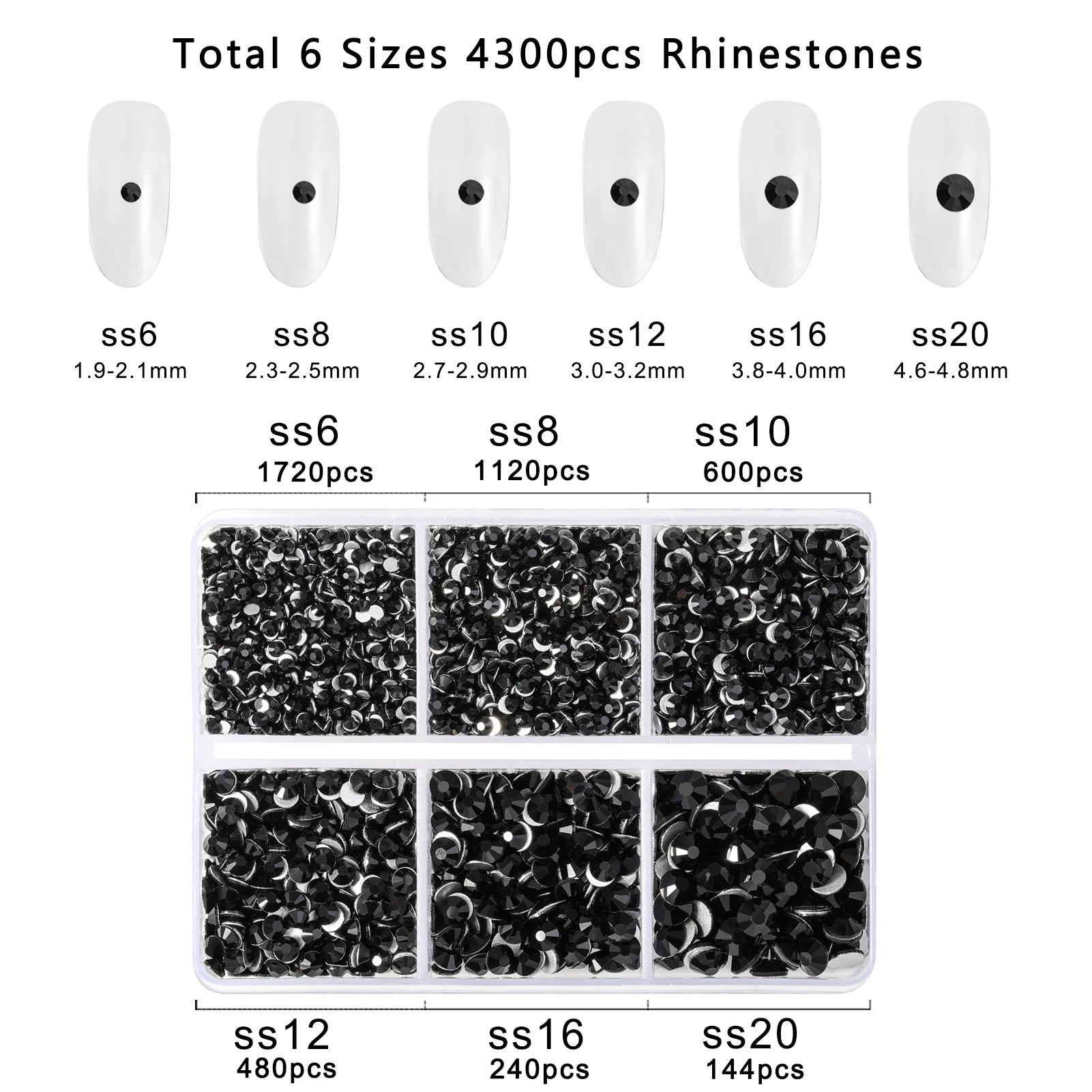 4300pcs Flatback Rhinestones, Nail Gems Round Crystal Rhinestones for Crafts,Mixed 6 Sizes with Picking Tweezers and Wax Pencil Kit- Black - Image 3