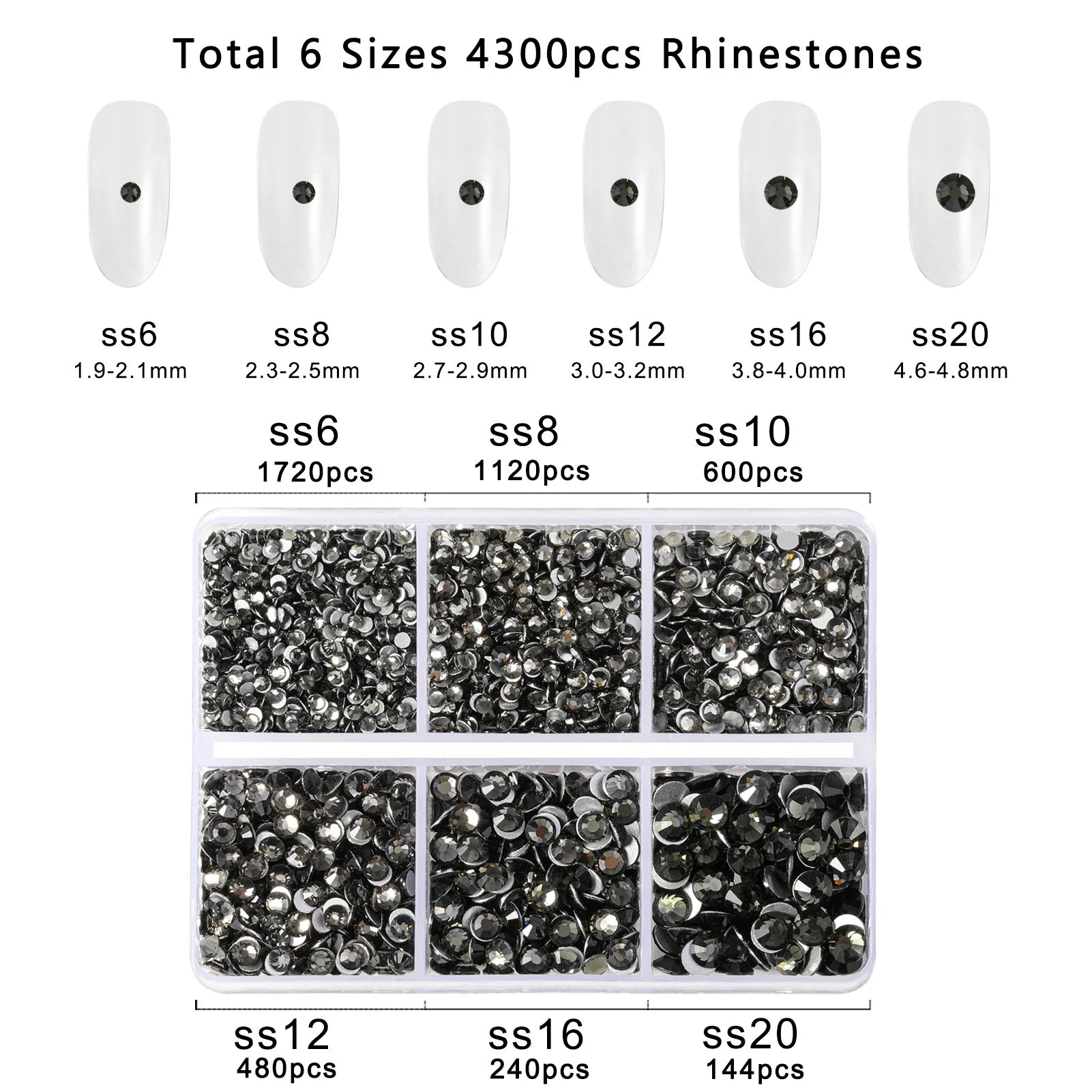 4300pcs Flatback Rhinestones, Nail Gems Round Crystal Rhinestones for Crafts,Mixed 6 Sizes with Picking Tweezers and Wax Pencil Kit- Black Diamond - Image 3
