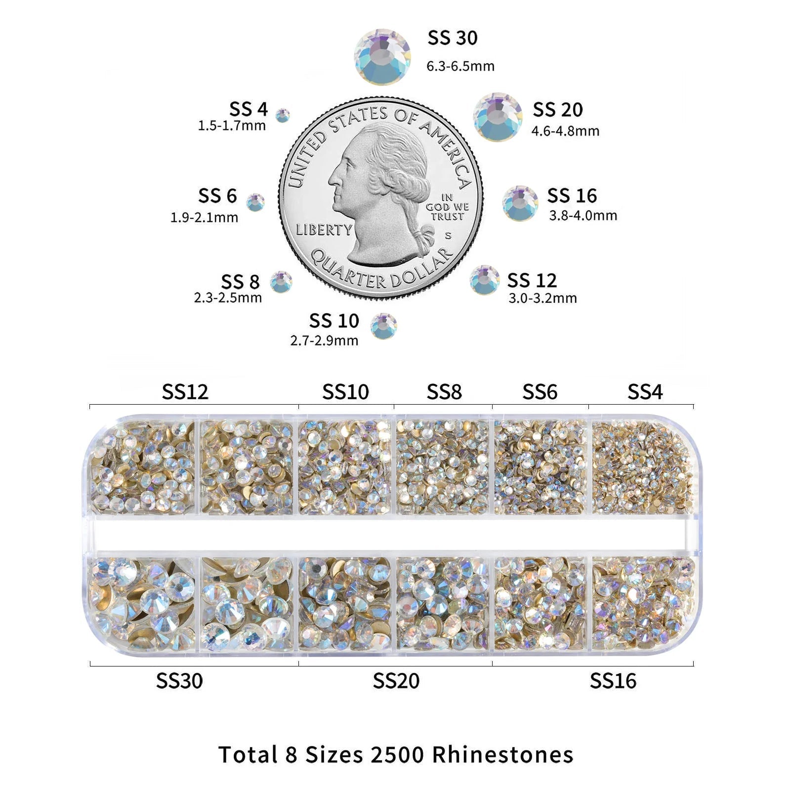 Rhinestones for Makeup,8 sizes 2500pcs Flatback Rhinestones Face Gems for Nails Crafts with Tweezers and Wax Pencil- Blue Moonlight - Image 3