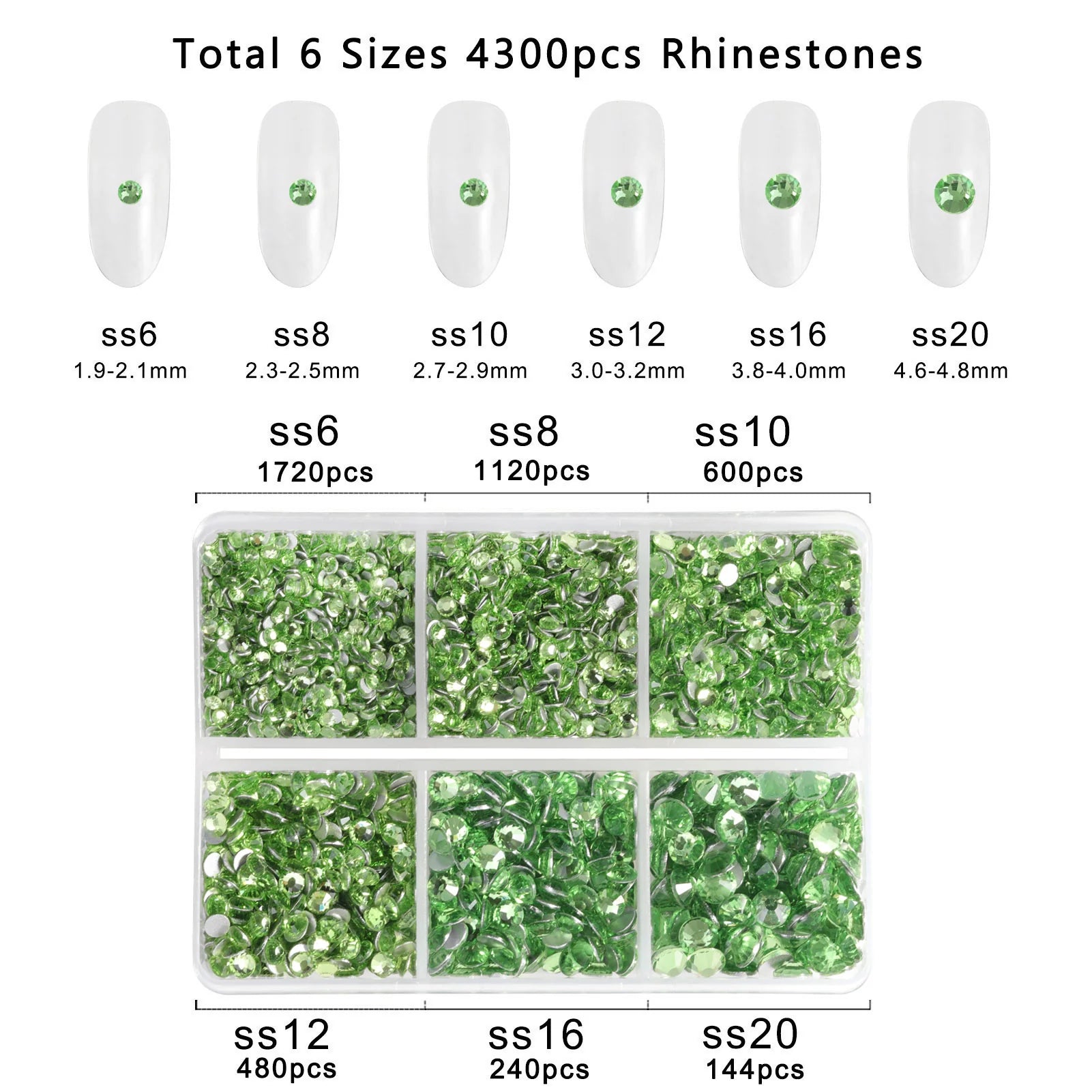 4300pcs Flatback Rhinestones, Nail Gems Round Crystal Rhinestones for Crafts,Mixed 6 Sizes with Picking Tweezers and Wax Pencil Kit -lightgreen - Image 3