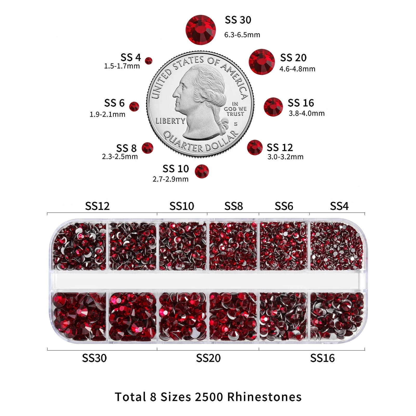 Rhinestones for Makeup,8 sizes 2500pcs Flatback Rhinestones Face Gems for Nails Crafts with Tweezers and Wax Pencil- Dark Siam - Image 3