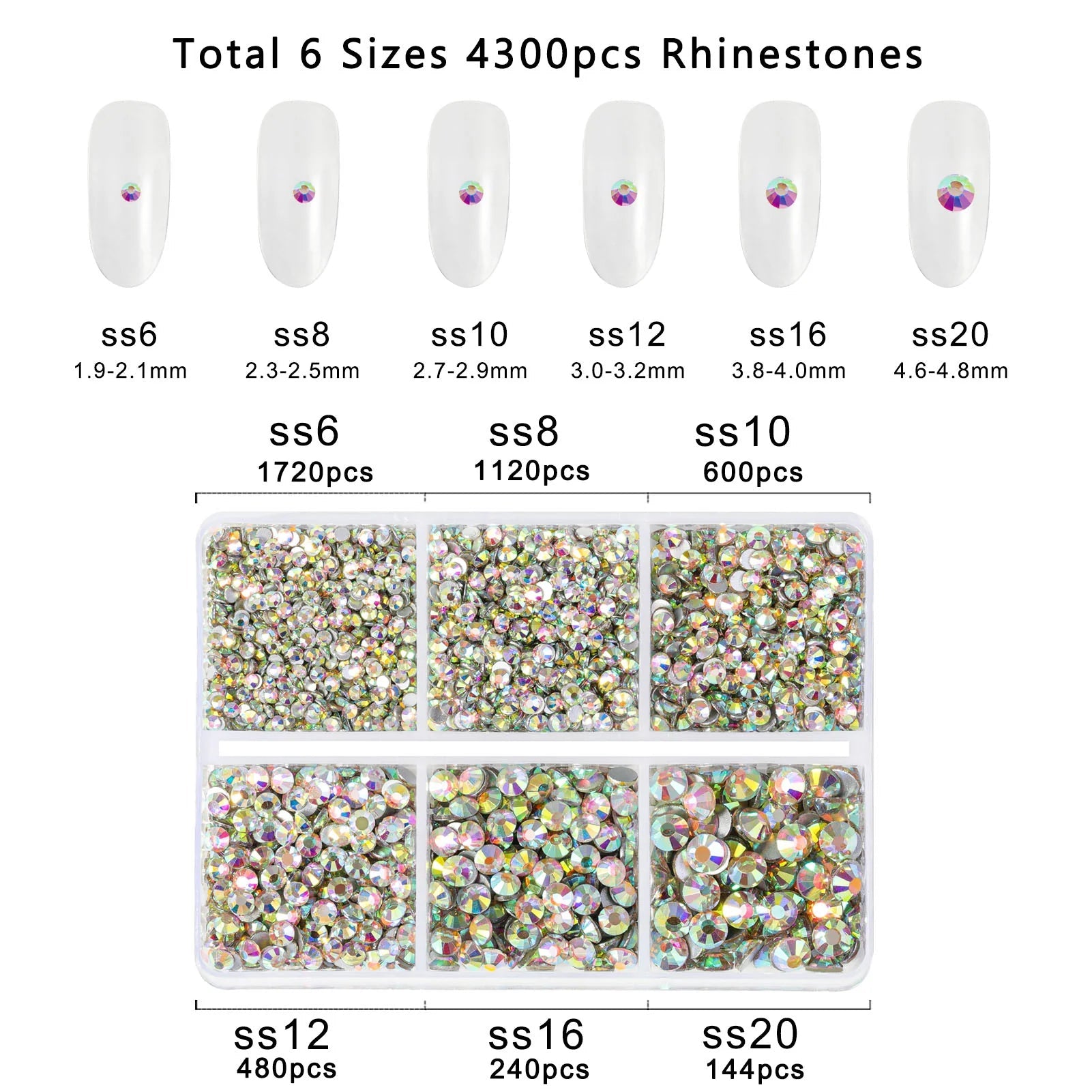 4300pcs Flatback Rhinestones, Nail Gems Round Crystal Rhinestones for Crafts,Mixed 6 Sizes with Picking Tweezers and Wax Pencil Kit- Crystal AB - Image 3