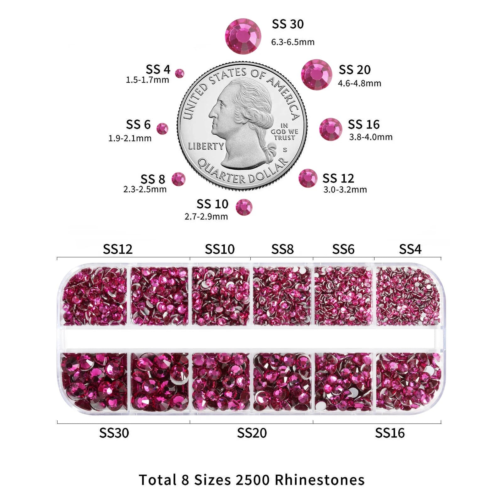 Rhinestones for Makeup,8 sizes 2500pcs Flatback Rhinestones Face Gems for Nails Crafts with Tweezers and Wax Pencil- Fuchsia - Image 3