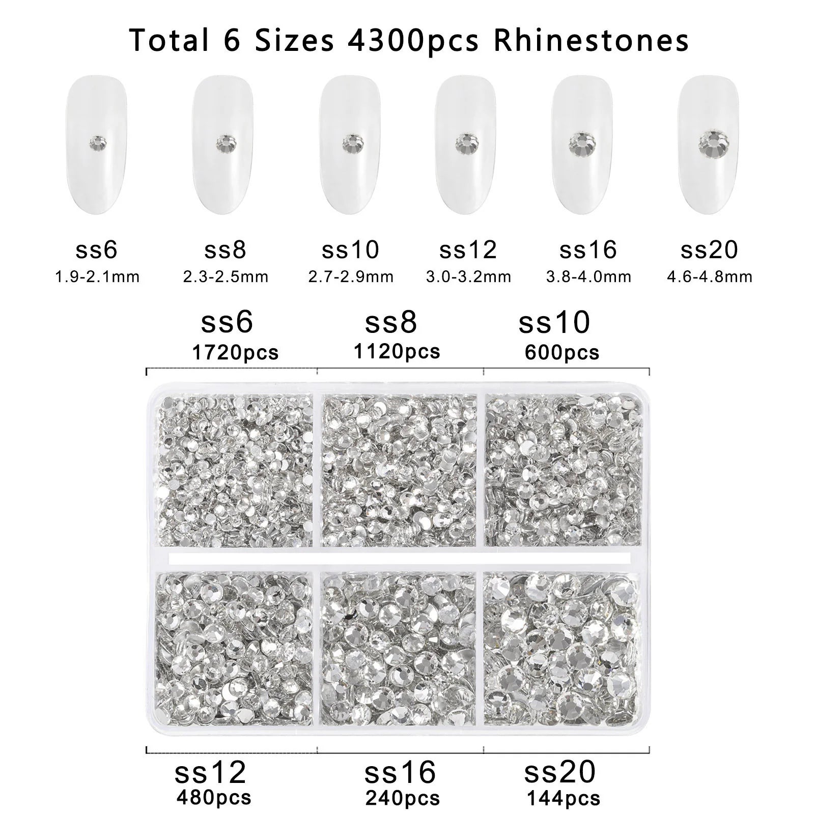 4300pcs Flatback Rhinestones, Nail Gems Round Crystal Rhinestones for Crafts,Mixed 6 Sizes with Picking Tweezers and Wax Pencil Kit- Crystal - Image 3