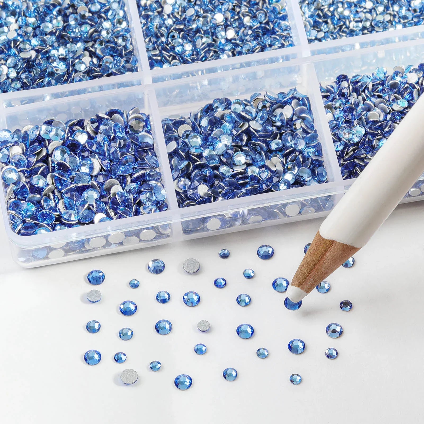7200pcs Flatback Rhinestones,Nail Gems Round Crystal Rhinestones for Crafts,Mixed 6 Sizes with Wax Pencil Kit, SS3-SS10- Light Sapphire - Image 3