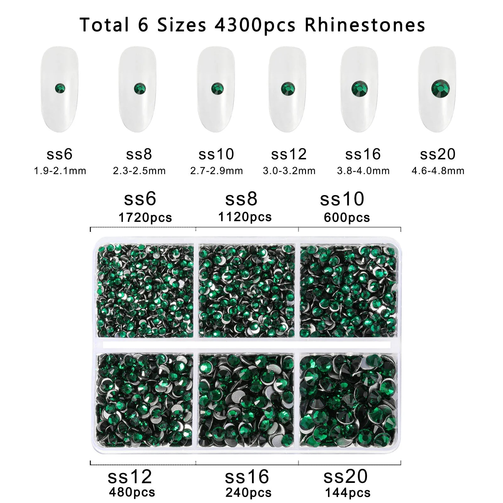 4300pcs Flatback Rhinestones, Nail Gems Round Crystal Rhinestones for Crafts,Mixed 6 Sizes with Picking Tweezers and Wax Pencil Kit- Emerald - Image 3