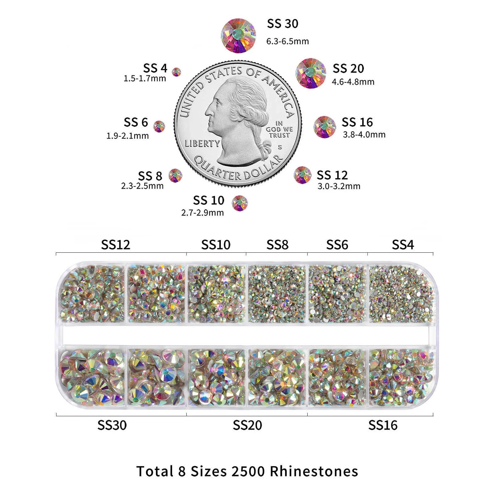 Rhinestones for Makeup,8 sizes 2500pcs Flatback Rhinestones Face Gems for Nails Crafts with Tweezers and Wax Pencil- Crystal AB - Image 3