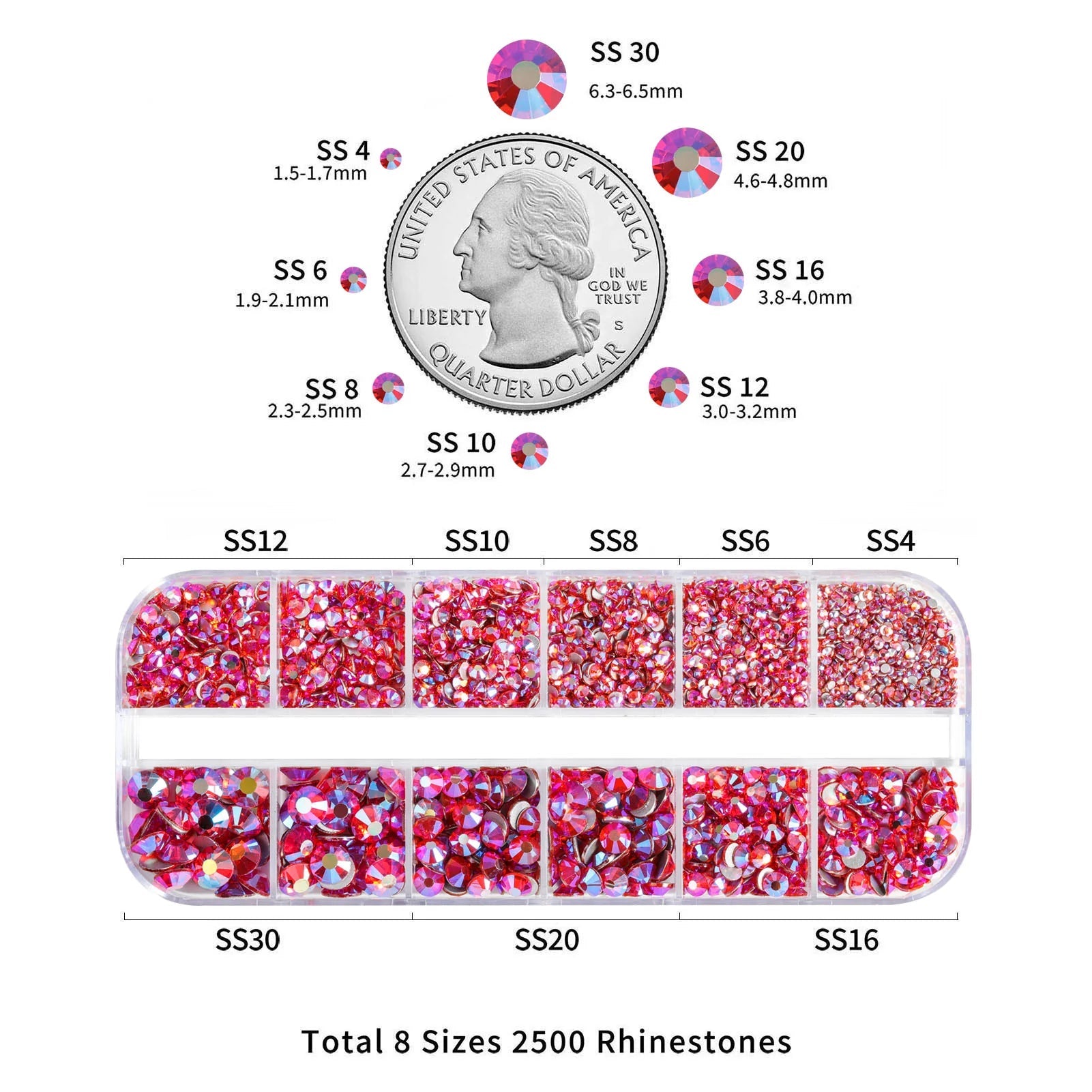 Rhinestones for Makeup,8 sizes 2500pcs Flatback Rhinestones Face Gems for Nails Crafts with Tweezers and Wax Pencil- Hyacinth AB - Image 3